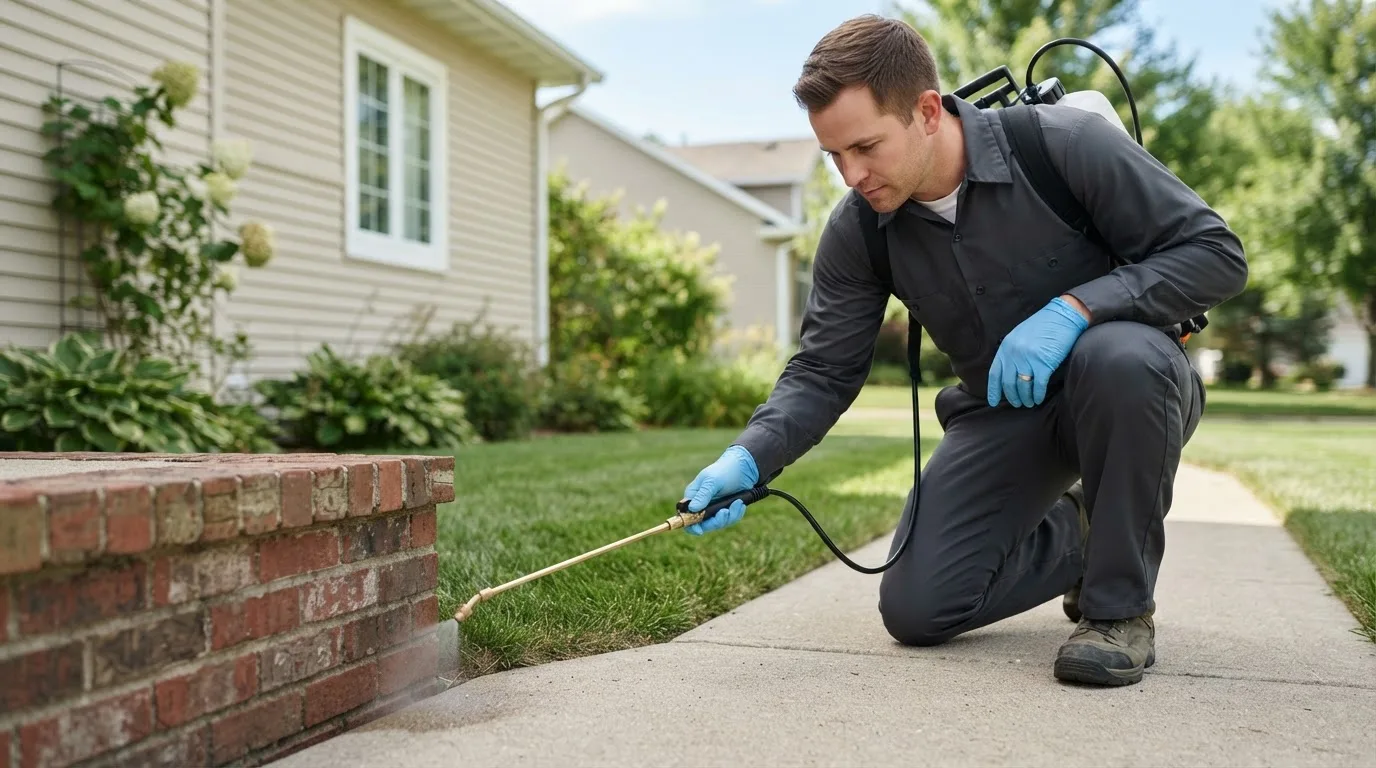 Pest control technician treating a home near Minooka, IL